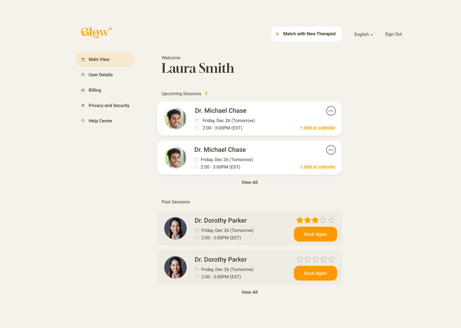 Client workspace: upcoming appointments and past sessions.