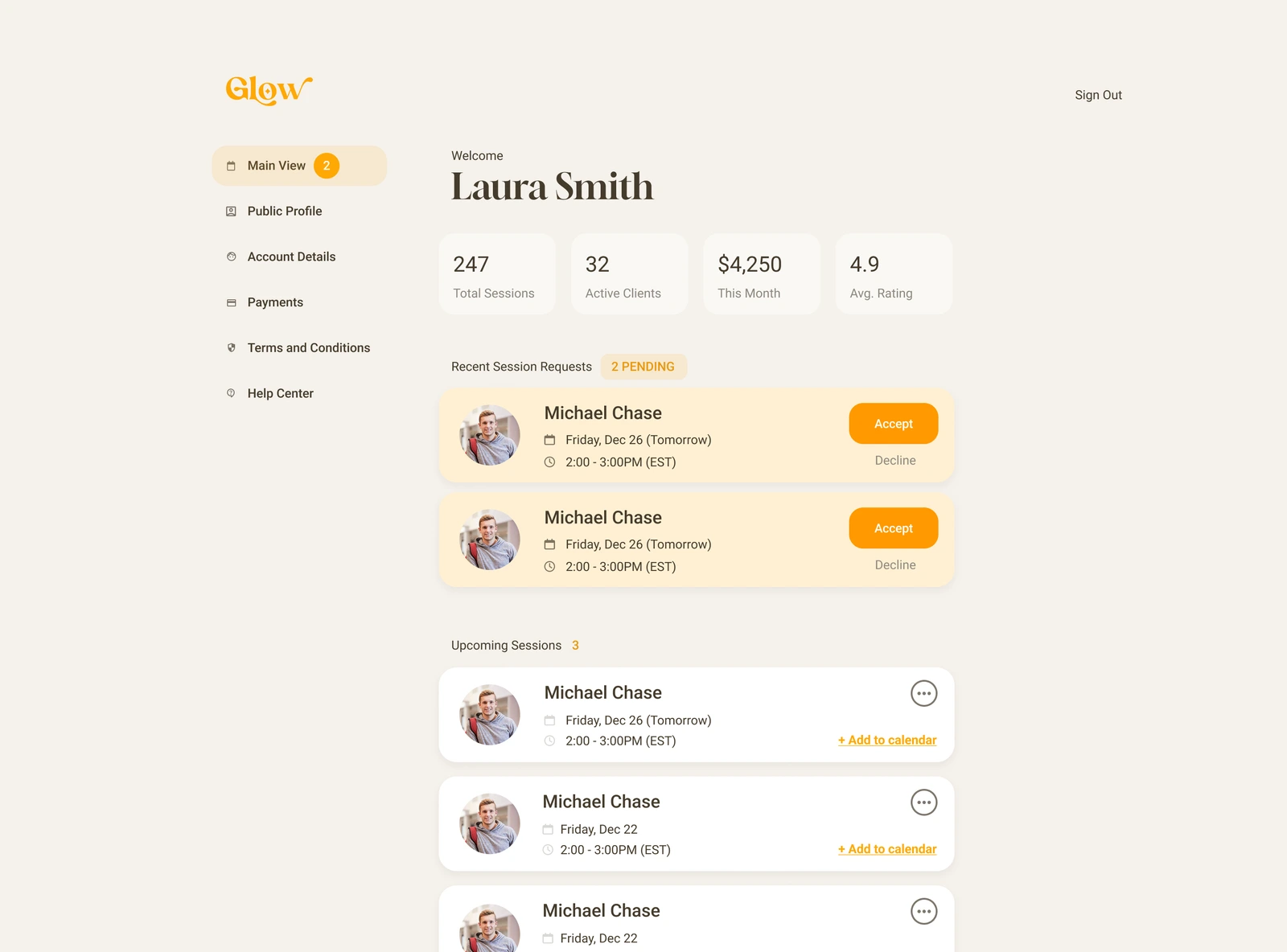 Professional workspace: incoming requests and session management.