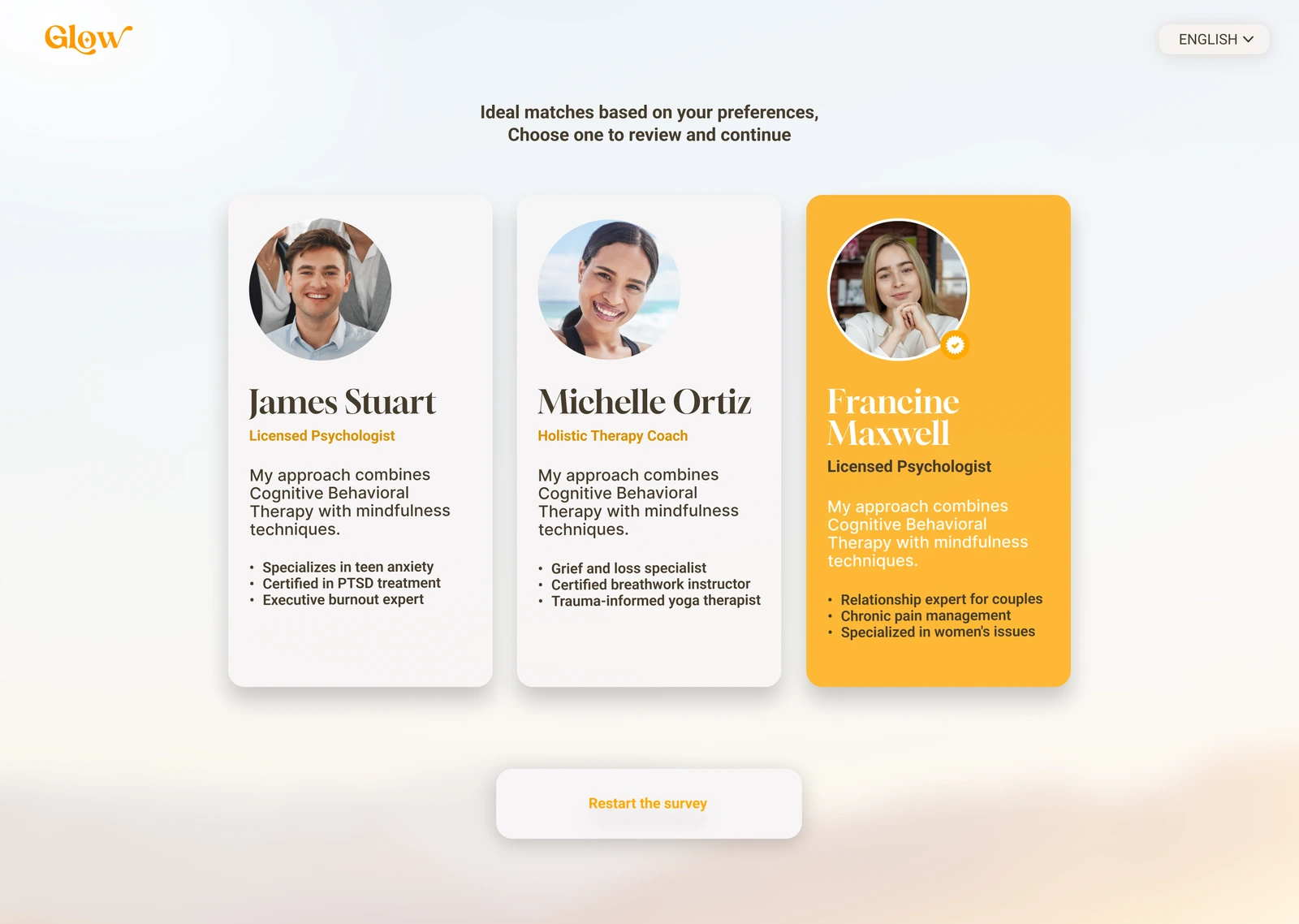 Comparable profile cards lead to a clear choice.