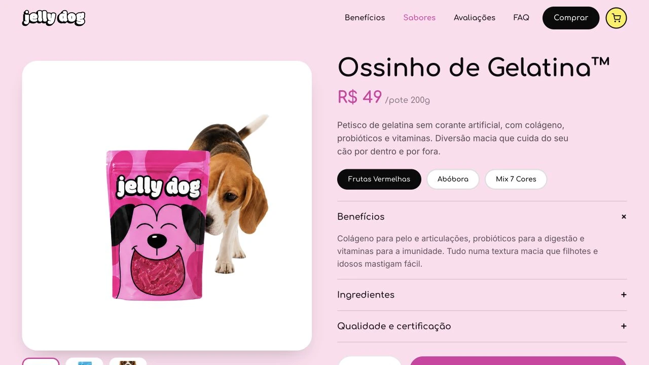 Jelly Dog brand translated into an e-commerce product page