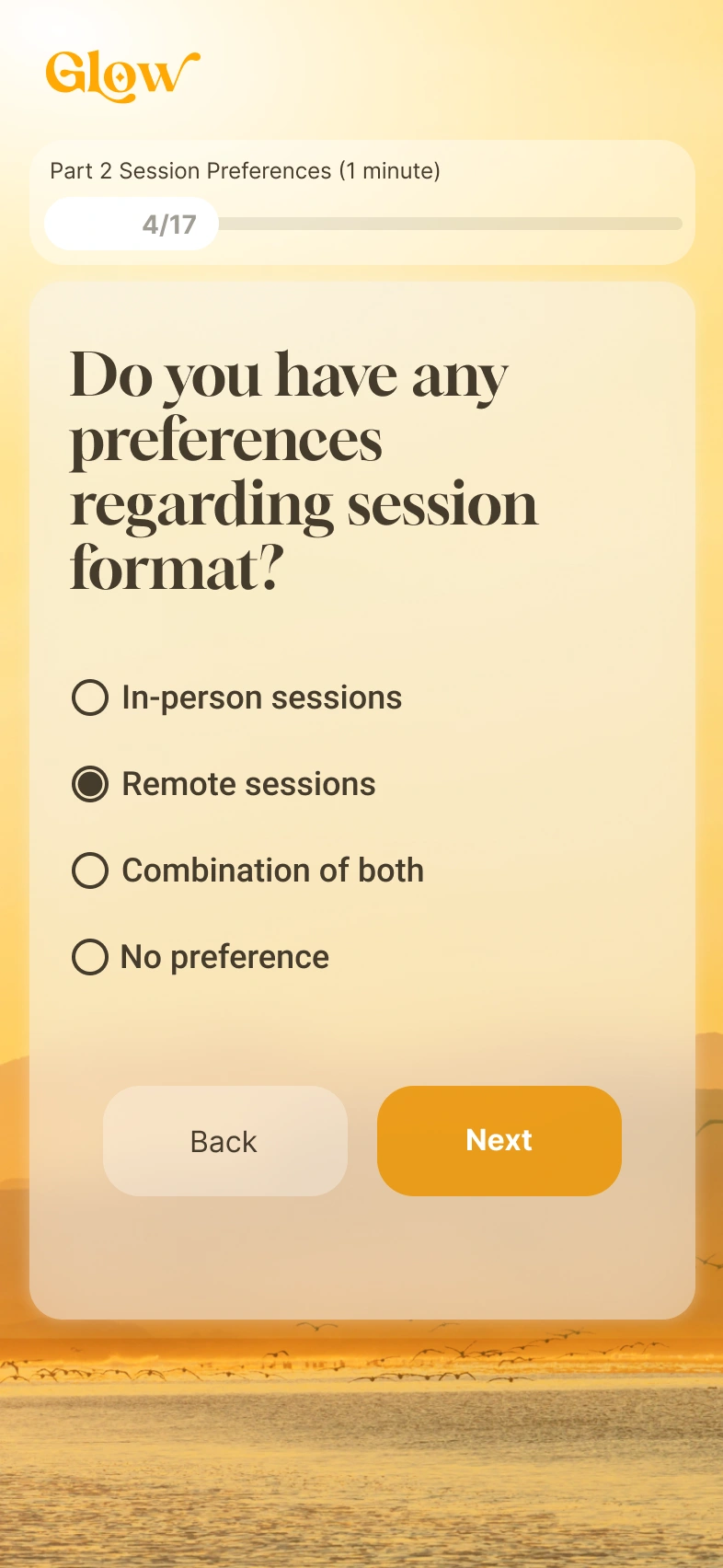 Session format preferences with visible progress.