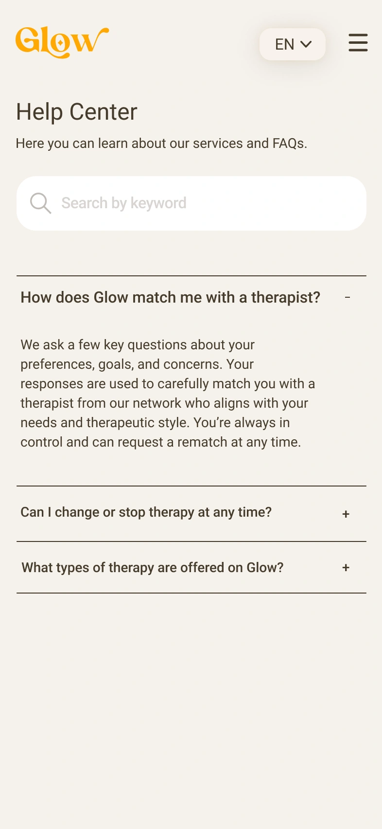 Search and expandable answers in the help center.