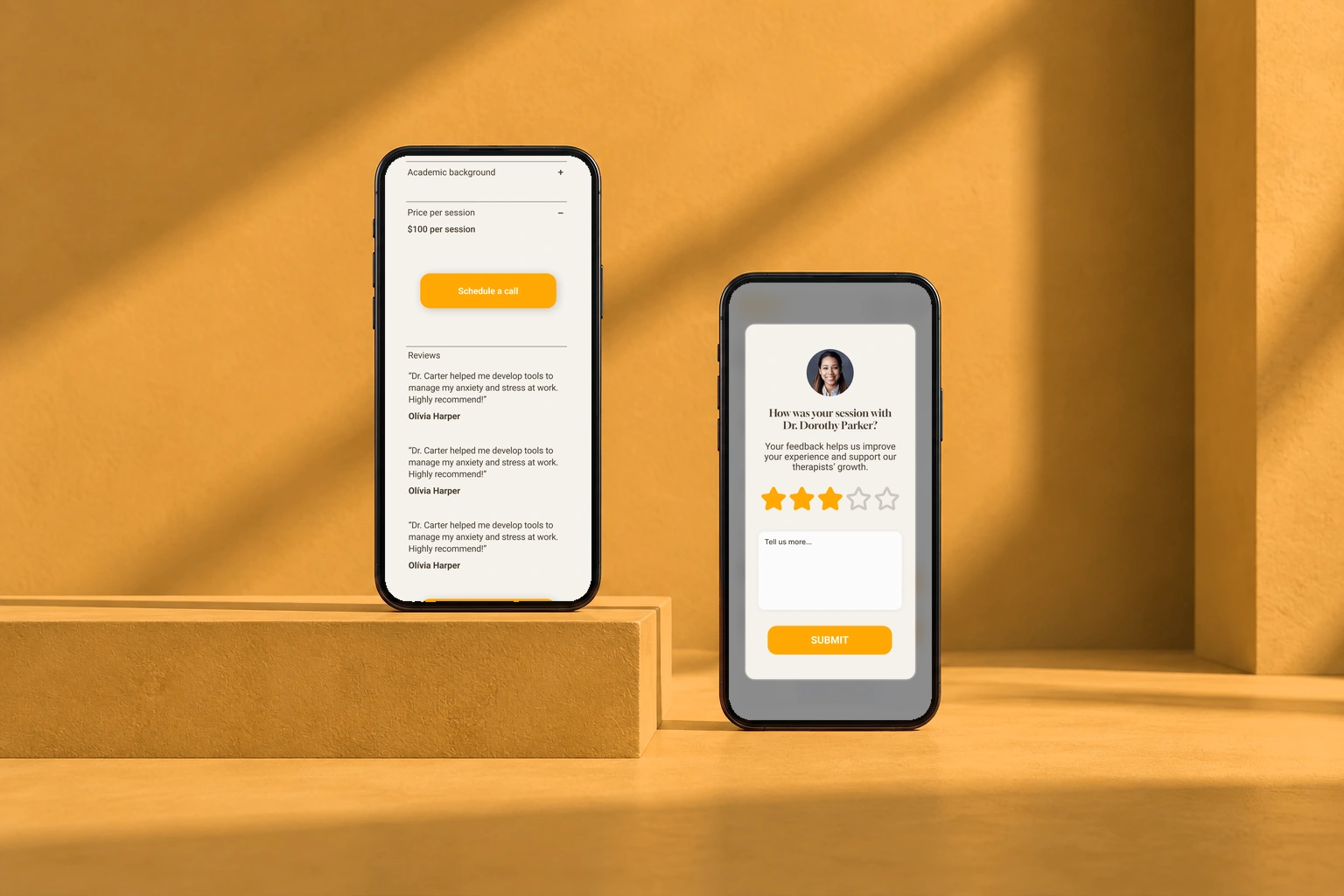 Professional profiles and post-session feedback. Original interface in a phones presentation mockup.