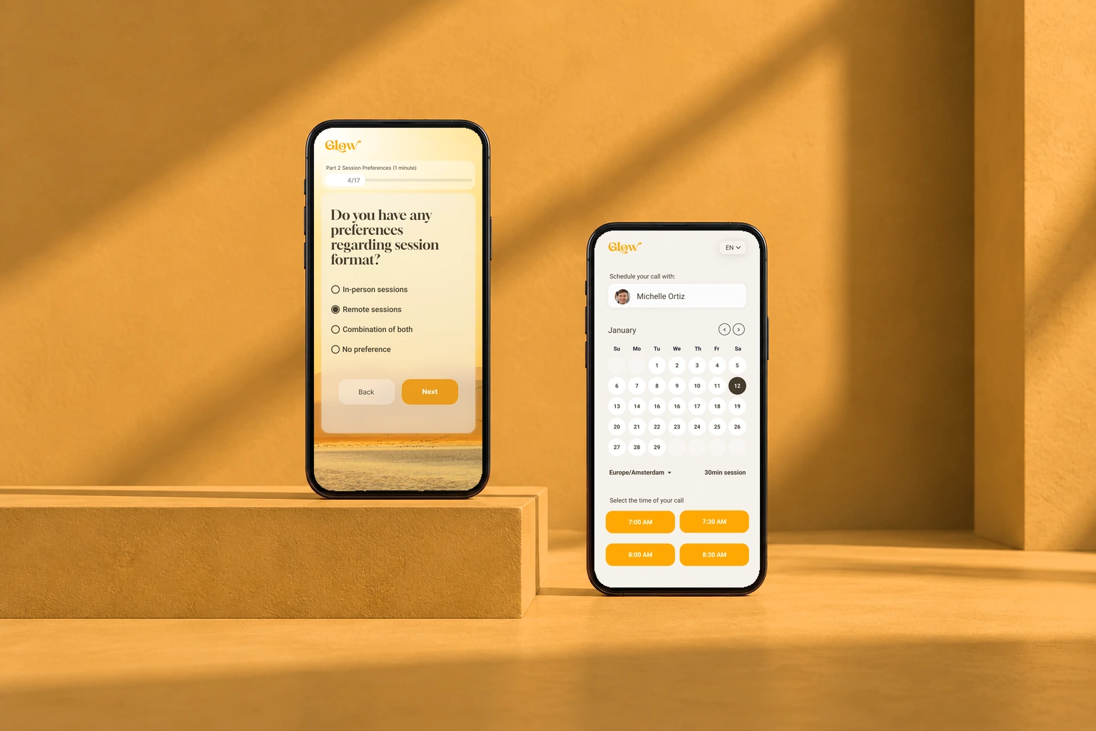 Session preferences and scheduling, on mobile. Original interface in a phones presentation mockup.
