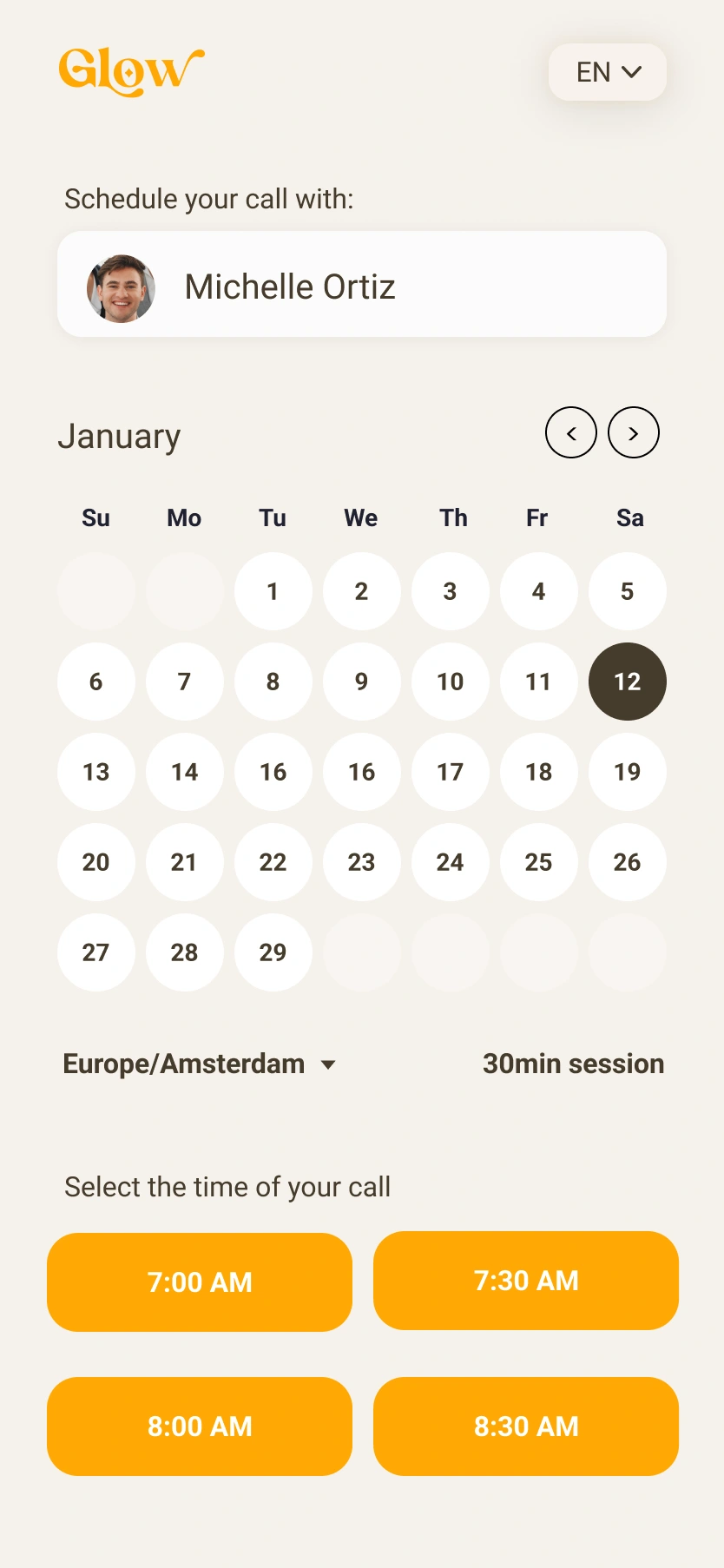 Therapist context, calendar, and session time slots.