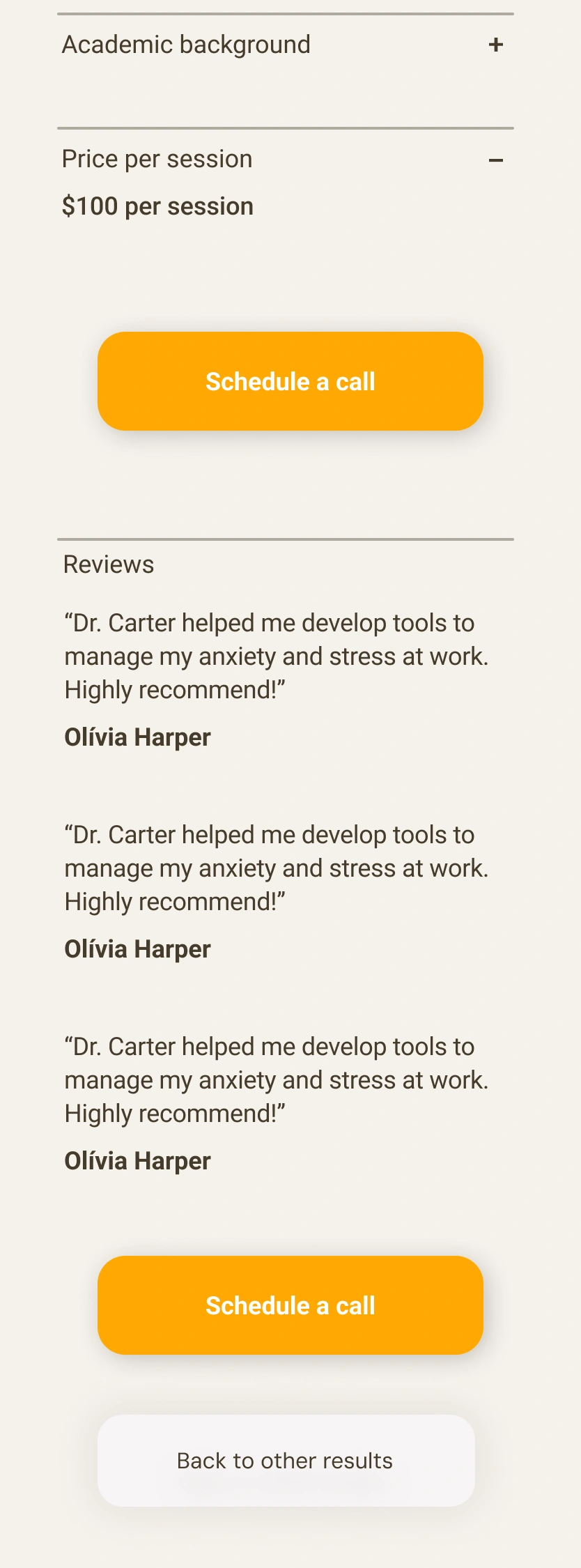 Further down the profile: pricing, illustrative review content, and scheduling actions.
