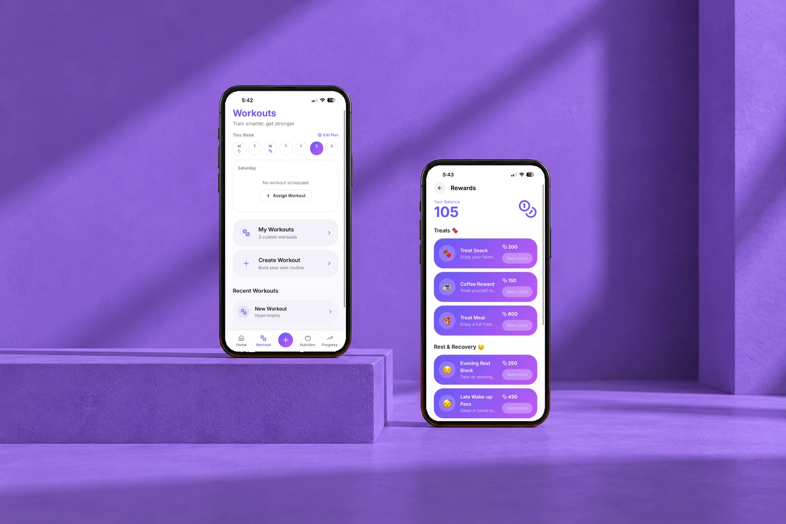 Workout logging and rewards in the original app. Original interface in a phones presentation mockup.