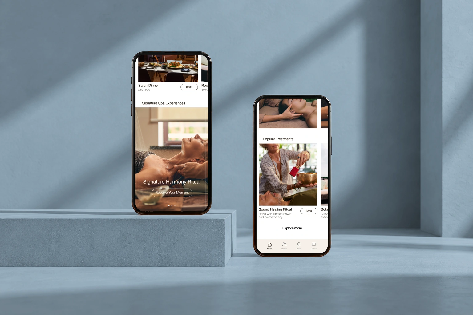 Further into the experience: dining, spa rituals, and treatment discovery. Original interface in a phones presentation mockup.