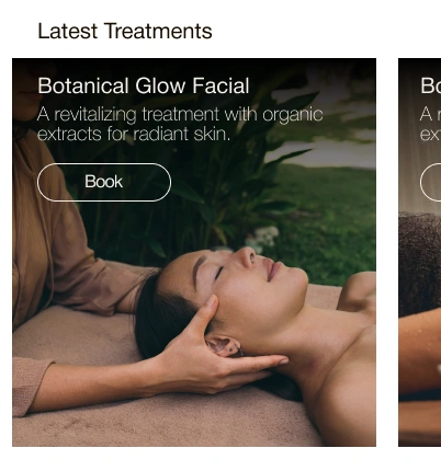Featured treatment: image, explanation, and booking action.