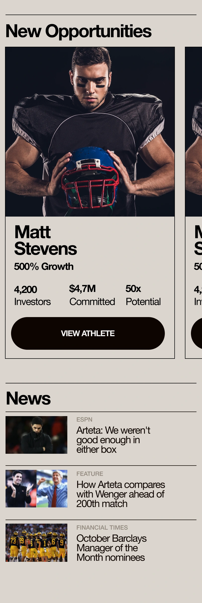 Below the dashboard summary: opportunity cards and an editorial news list.