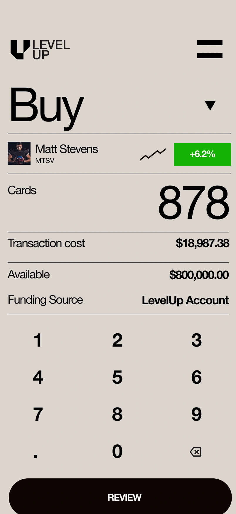 Quantity entry, funding source, and a review action.