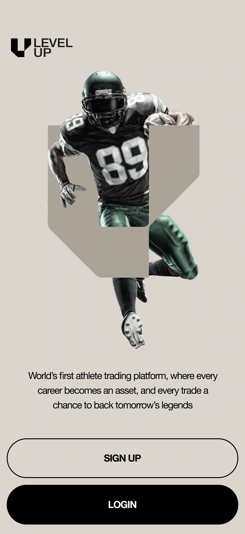 Branded entry with separate login and sign-up paths.