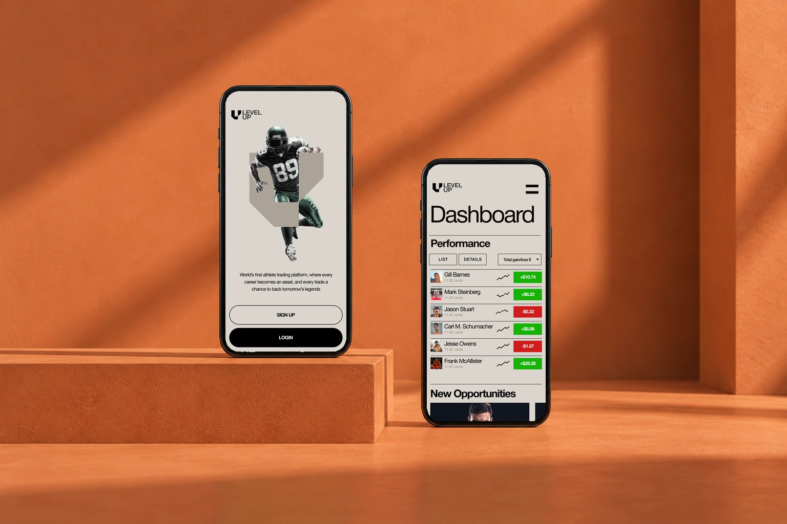 Brand entry and the dashboard: two moments in the same product. Original interface in a phones presentation mockup.