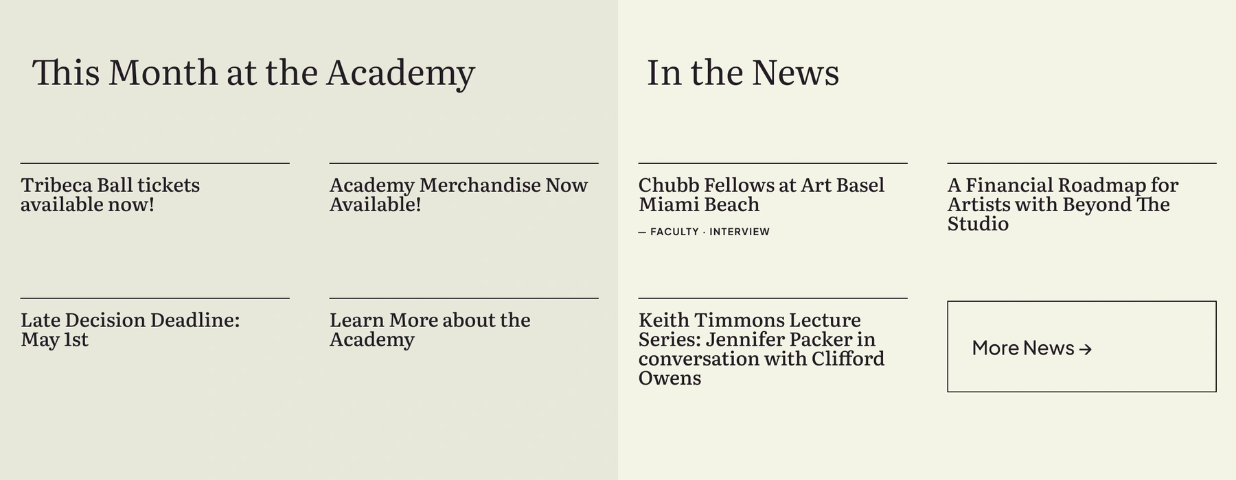 Two editorial columns organize Academy updates and press coverage.
