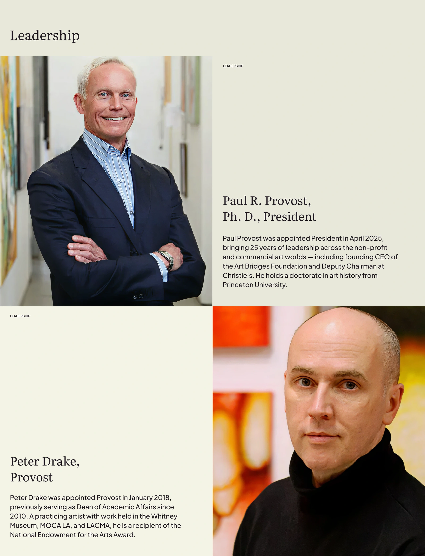 Alternating portrait and biography modules for leadership.