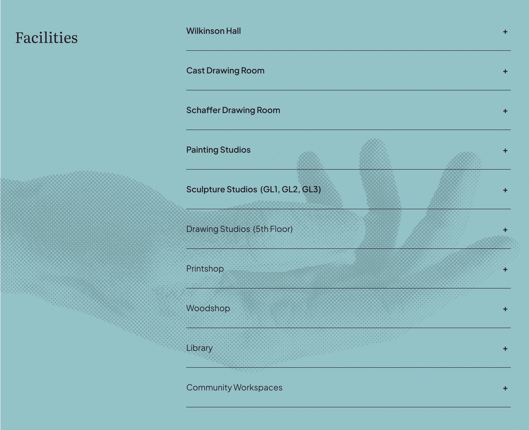 An expandable facilities directory over a subtle artwork background.