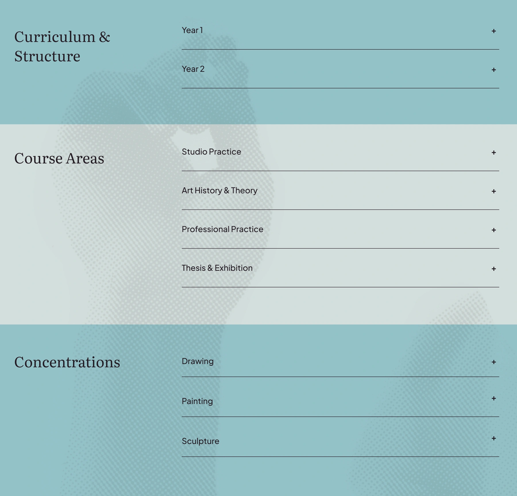 Curriculum, course areas, and concentrations organized into expandable groups.
