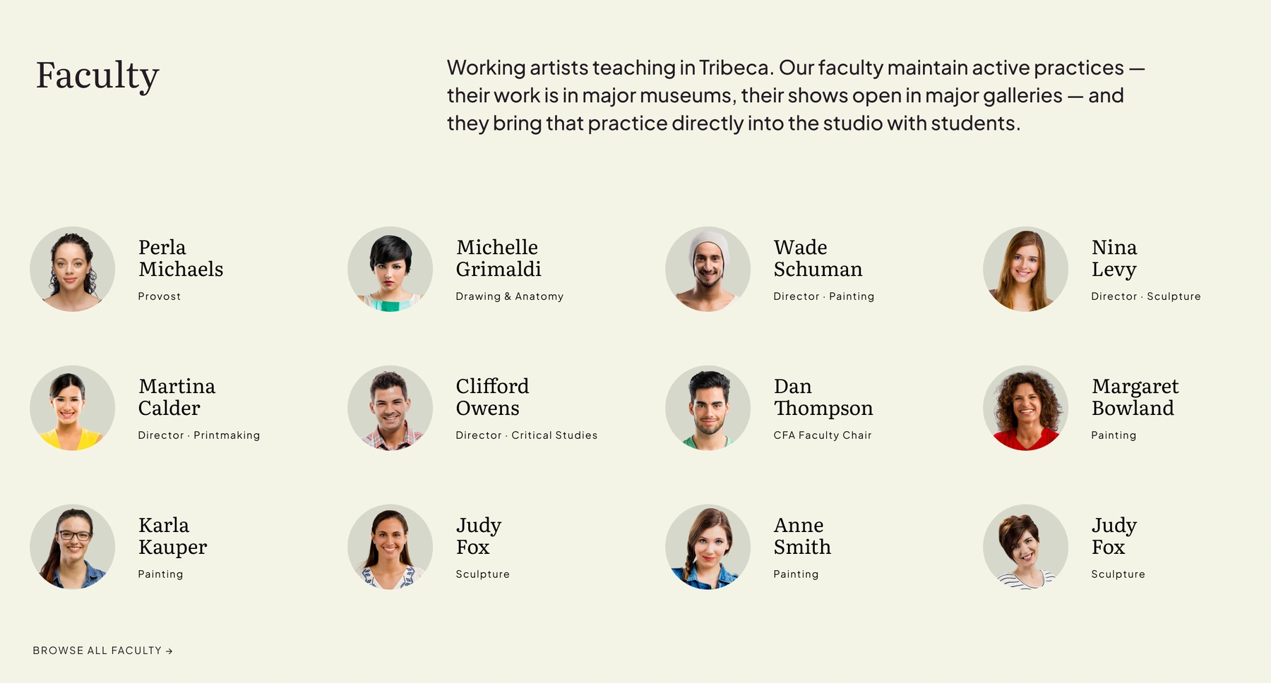 A faculty directory pairs portraits with names and disciplines.