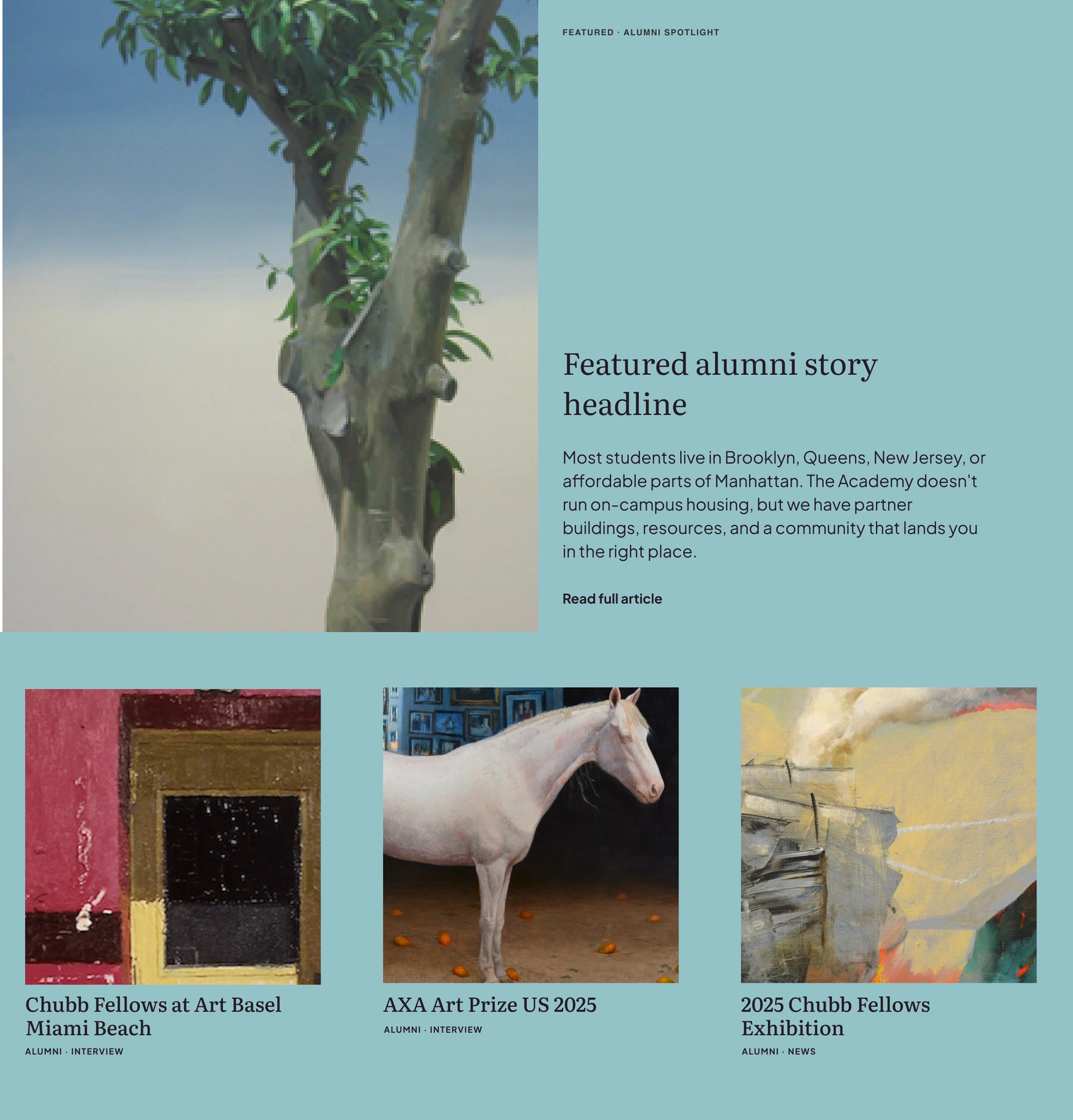 An alumni feature and story cards; original draft copy shown.