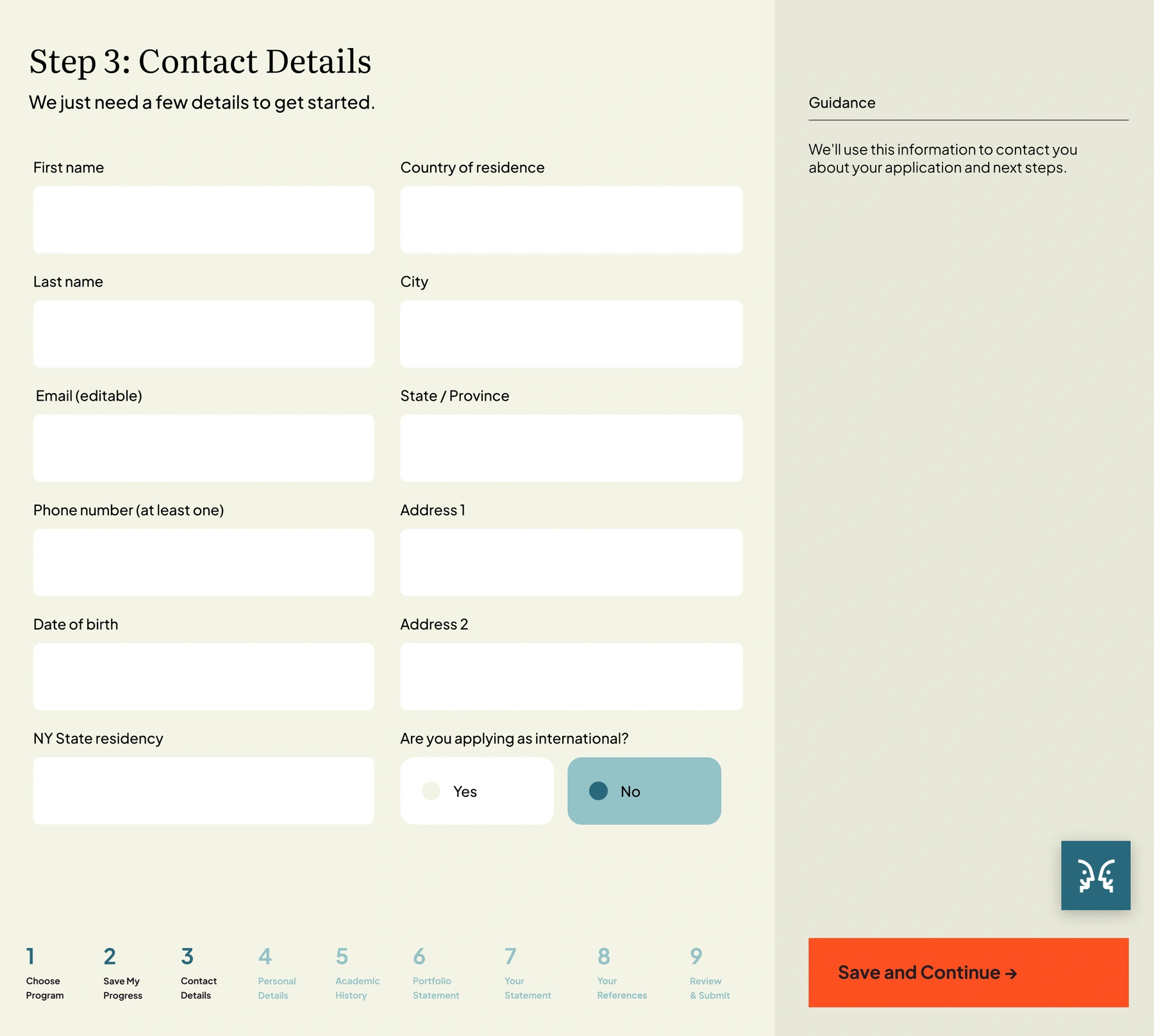 Form fields, progress, guidance, and Save and Continue in the same view.