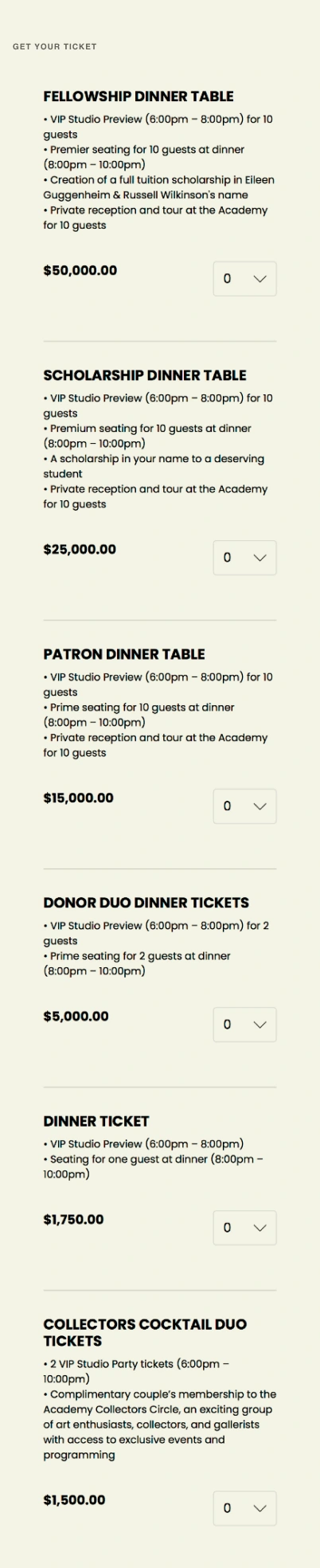 Original ticket-selection modules with quantity controls and sample event prices.