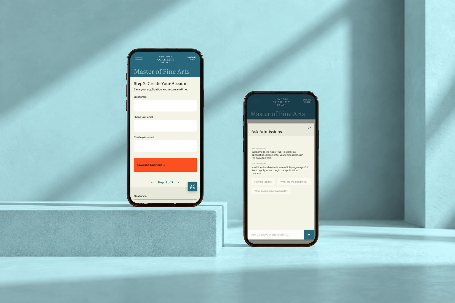 Admissions on mobile: account creation and access to guidance. Original interface in a phones presentation mockup.