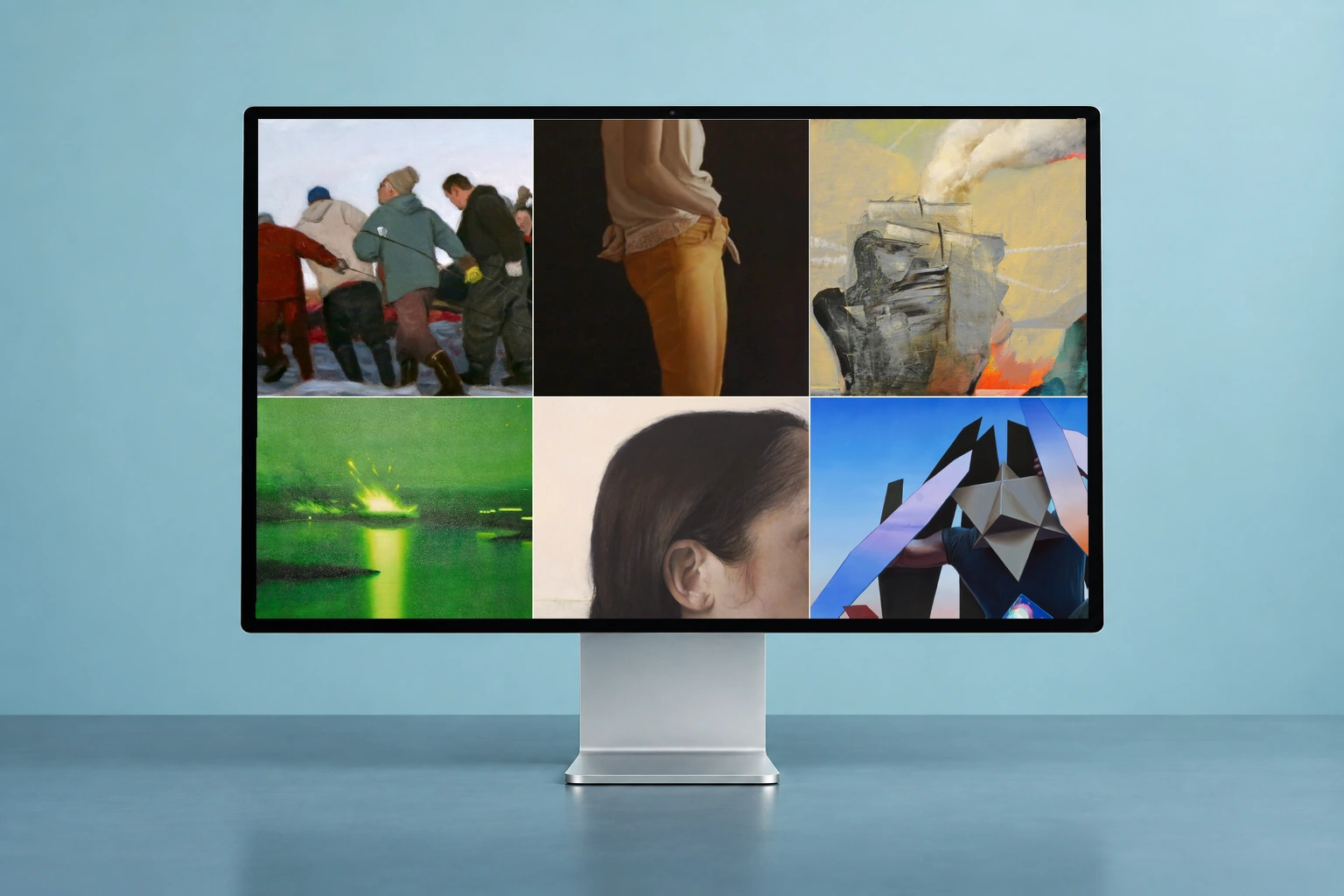 Artwork takes the full width of the layout, further down the page. Original interface in a display presentation mockup.