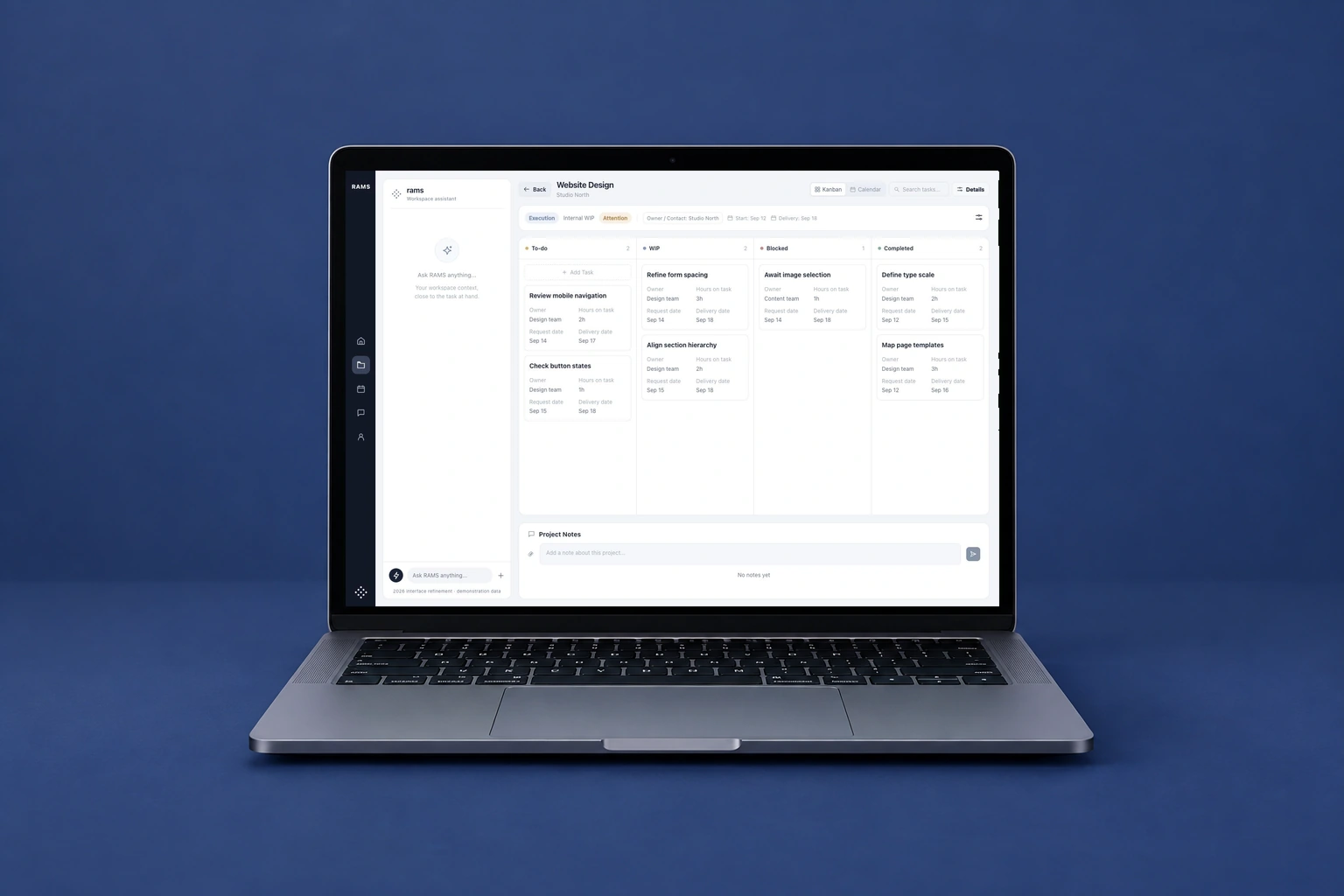 Project board · 2026 interface refinement with demonstration data. Original interface in a macbook presentation mockup.