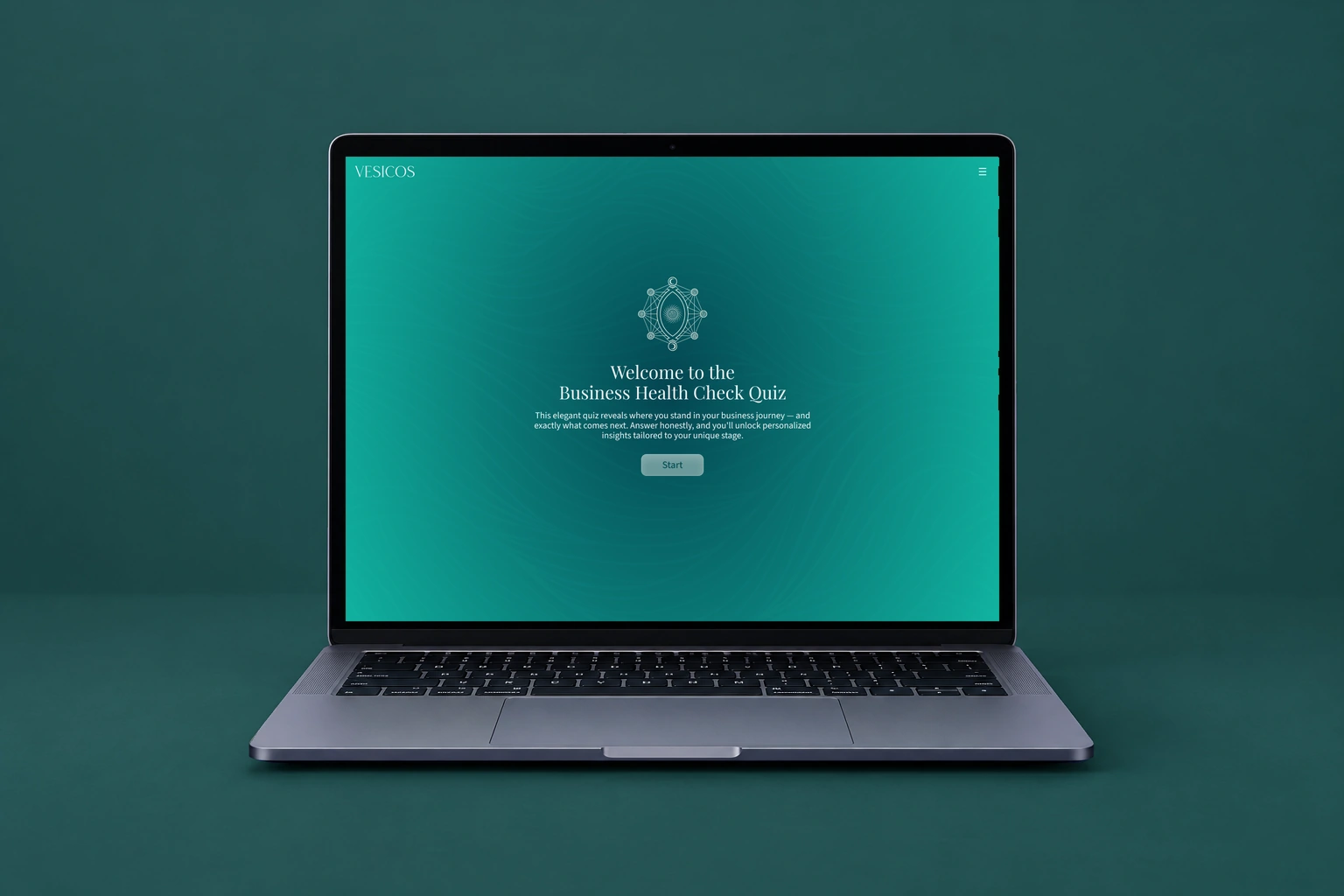 Original Vésicos assessment introduction shown on a laptop against a teal background