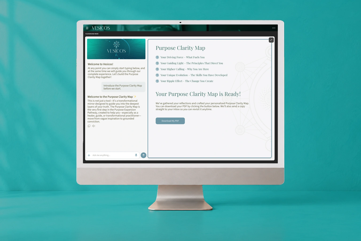 Guided conversation beside a document preview. Original interface in a imac presentation mockup.