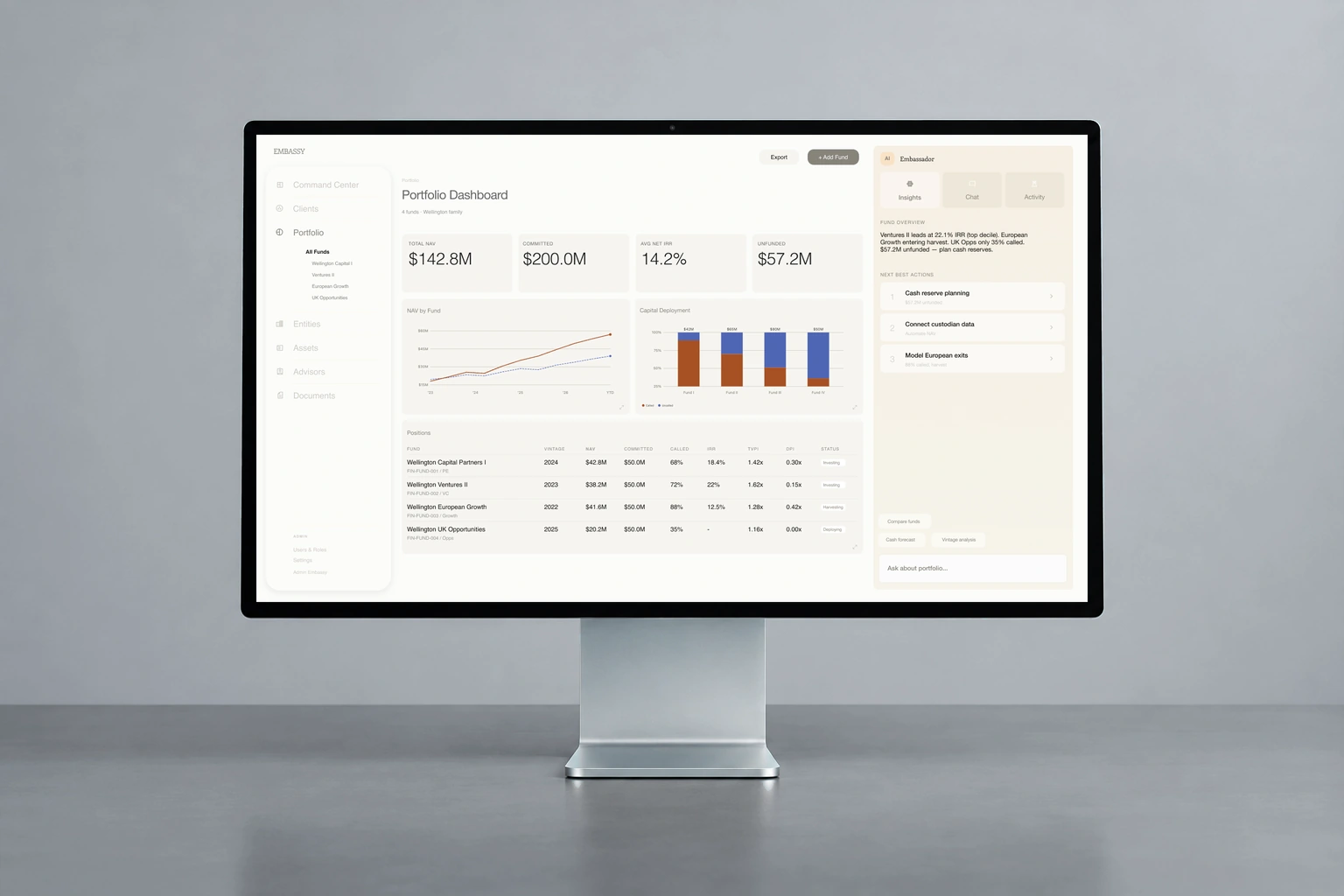 Original Embassy portfolio dashboard in a front-facing desktop display against a slate background