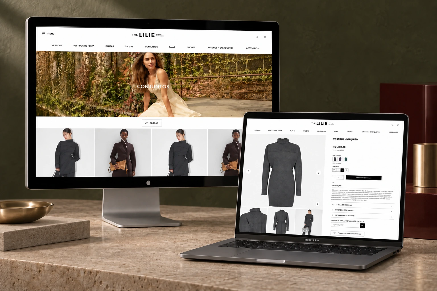 The Lilie category and product-detail designs displayed on a Studio Display and MacBook Pro in a dark olive fashion set.